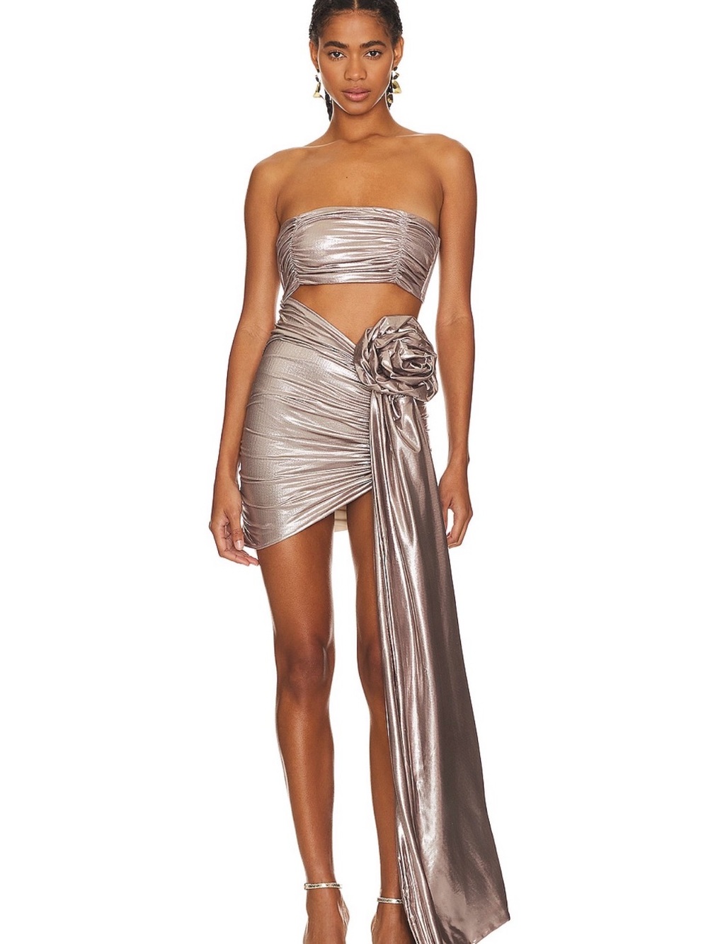New Metallic Rose Gold Strapless Mini Dress with Draped Rose Accent, Bahia maria